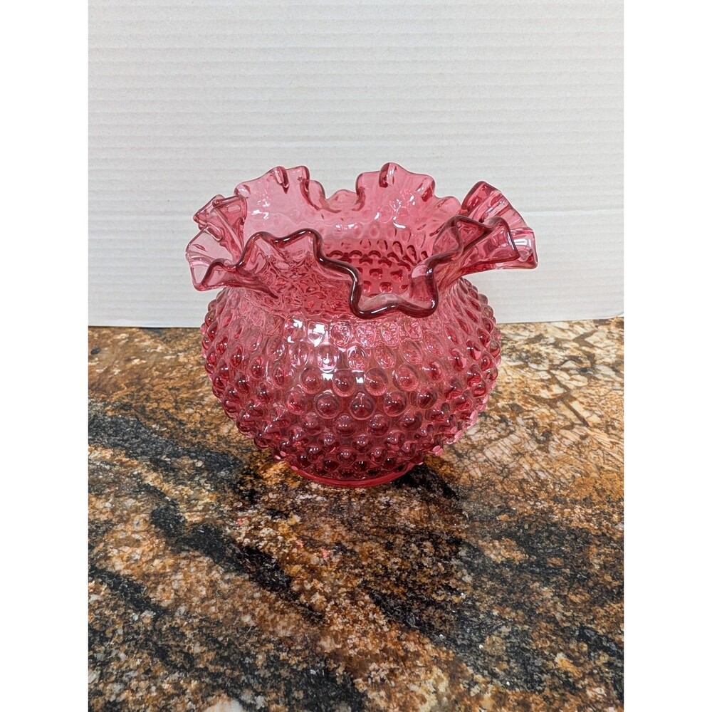 VTG MCM Fenton Cranberry Hobnail Ruffled Edge Glass Rose Bowl/Vase, 5.5" X 5.5"